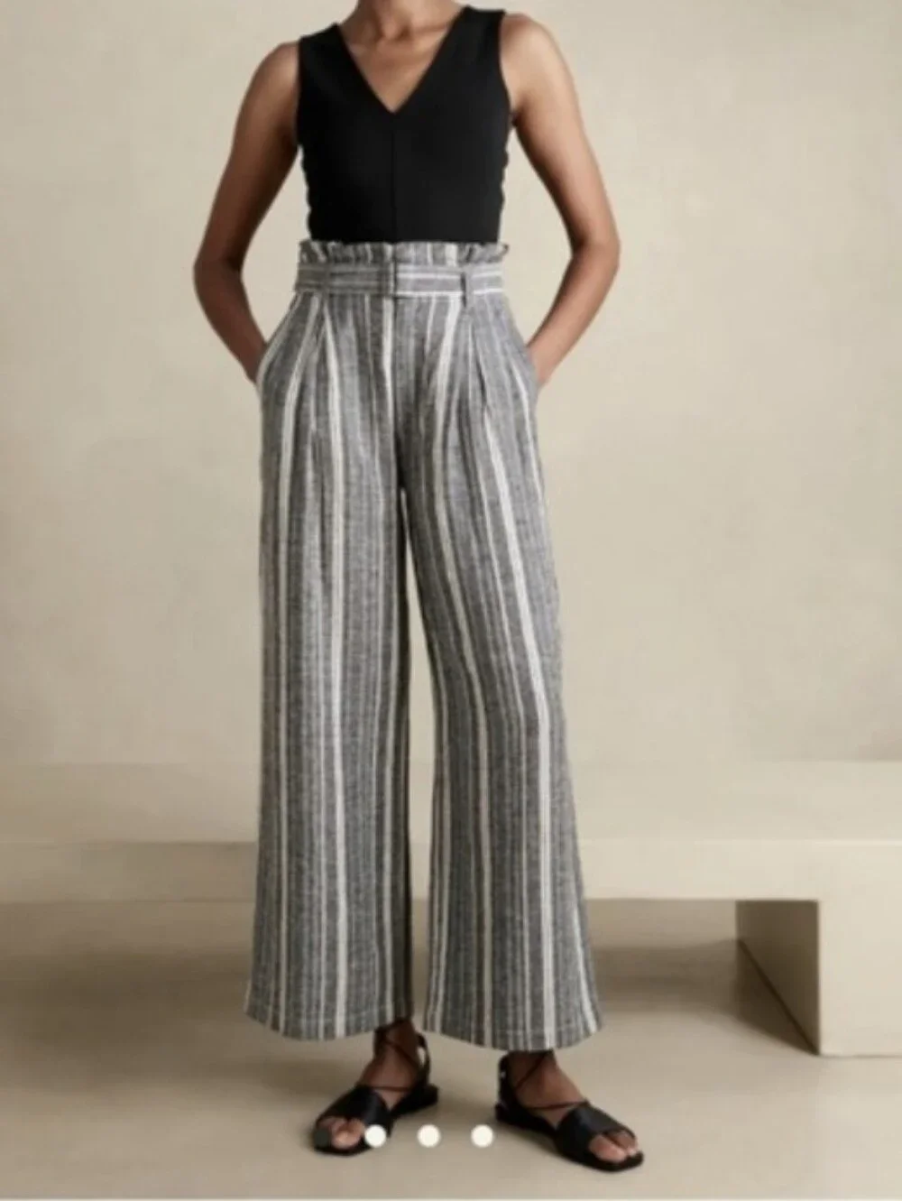 BANANA REPUBLIC Linen Blend Paper Bag Wide-Leg Pants - Black & White Stripe